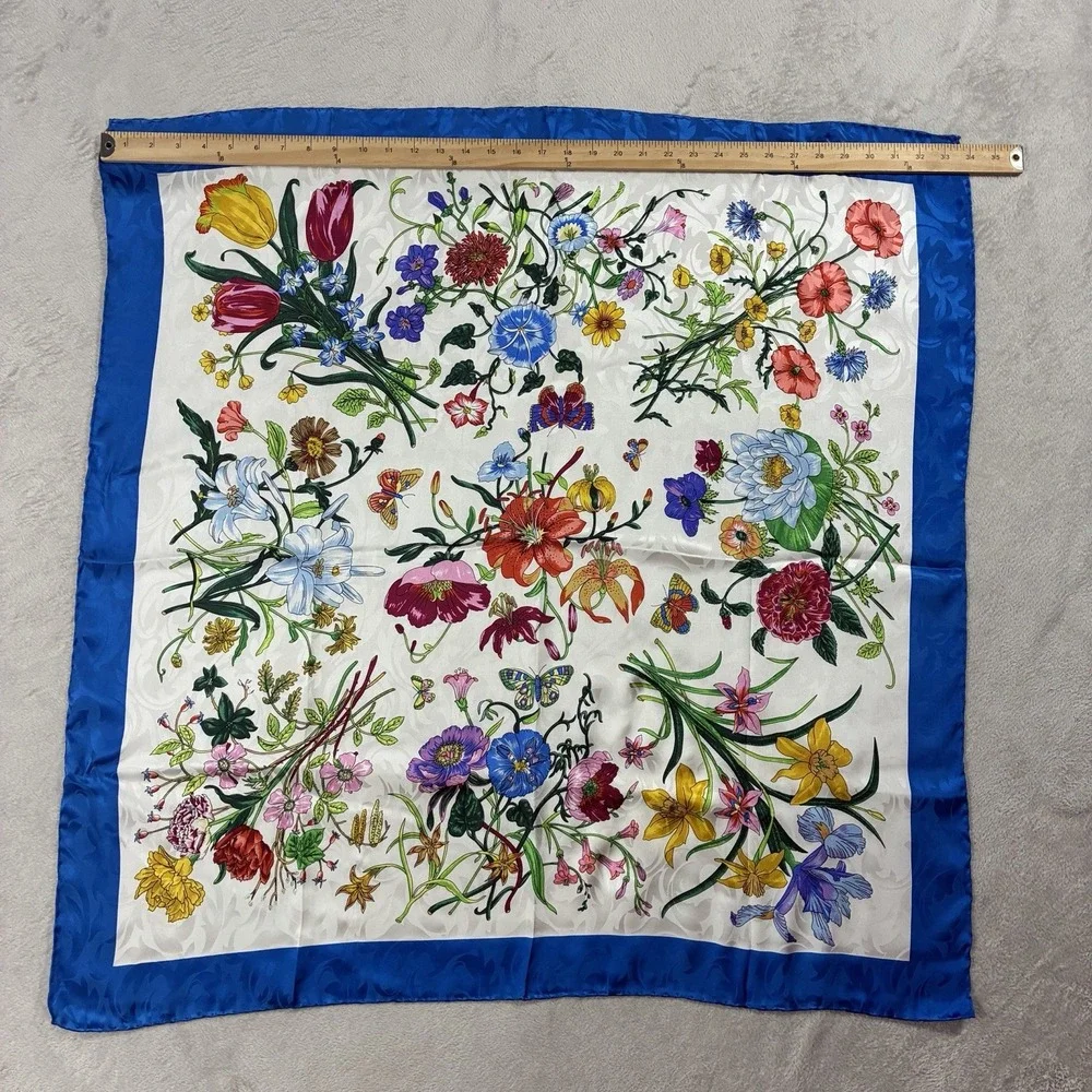 Floral Botanical 100% Silk Large Square Scarf Royal Blue Rolled Hem34